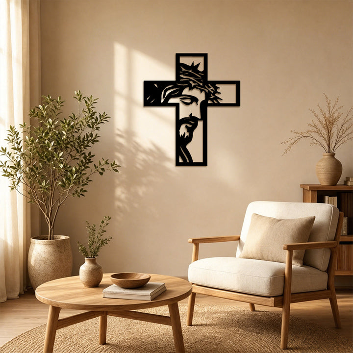 Christianartworkshop Croix contemplative de Jésus couronnée d'épines, décoration murale en métal : emblème de sacrifice et de miséricorde - image 1