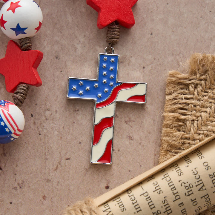 Christianartworkshop Chapelet en forme de croix orné du drapeau américain patriotique et de perles à étoiles et rayures rouges, blanches et bleues - image 5