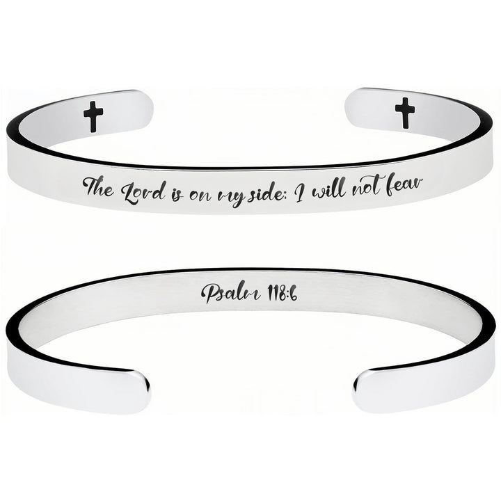 Christianartworkshop Bracelet en acier inoxydable à manchette ouverte, orné de versets bibliques gravés et de petites croix : symbole d'une foi inébranlable - Psaume 118:6 - image 4