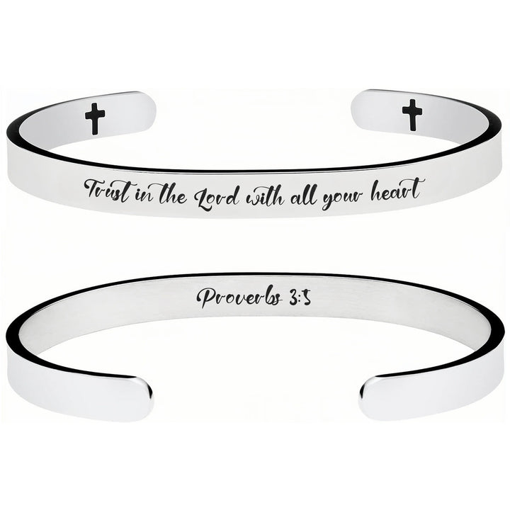 Christianartworkshop Bracelet en acier inoxydable à manchette ouverte, orné de versets bibliques gravés et de petites croix : symbole d'une foi inébranlable - Proverbes 3:5 - image 6
