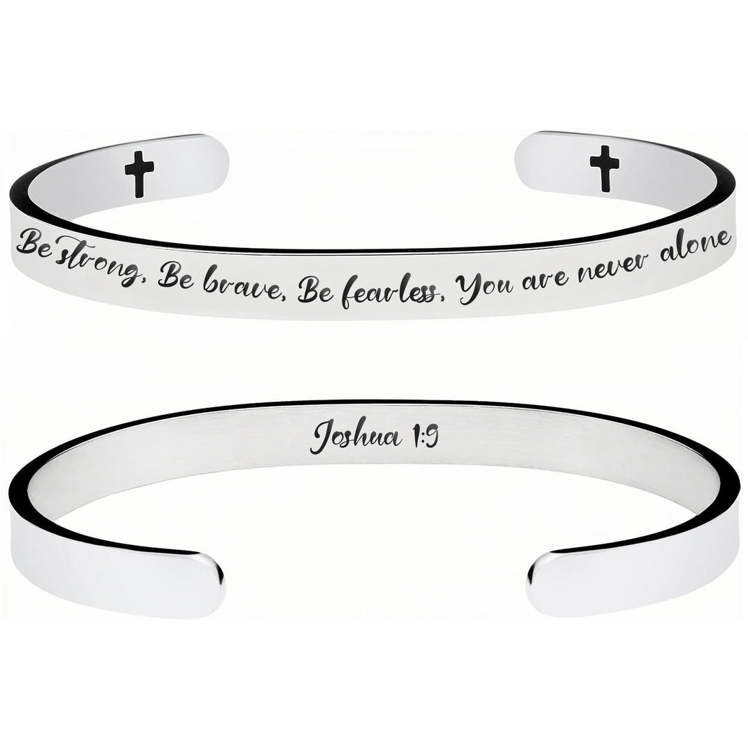 Christianartworkshop Bracelet en acier inoxydable à manchette ouverte, orné de versets bibliques gravés et de petites croix : symbole d'une foi inébranlable - Josué 1:9 - image 5