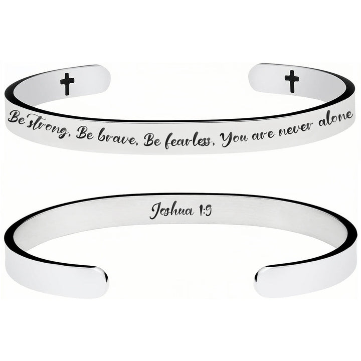 Christianartworkshop Bracelet en acier inoxydable à manchette ouverte, orné de versets bibliques gravés et de petites croix : symbole d'une foi inébranlable - Josué 1:9 - image 5