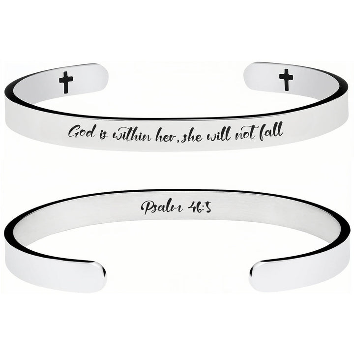 Christianartworkshop Bracelet en acier inoxydable à manchette ouverte, orné de versets bibliques gravés et de petites croix : symbole d'une foi inébranlable - image 3