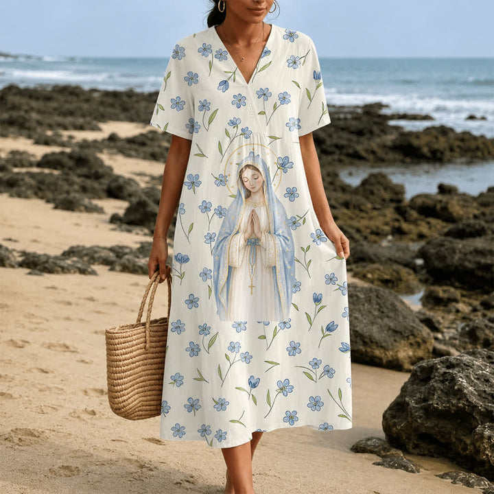 Robe midi à manches courtes et col en V à motif floral Notre-Dame, aquarelle douce , Christianartworkshop - 4XL - image 0