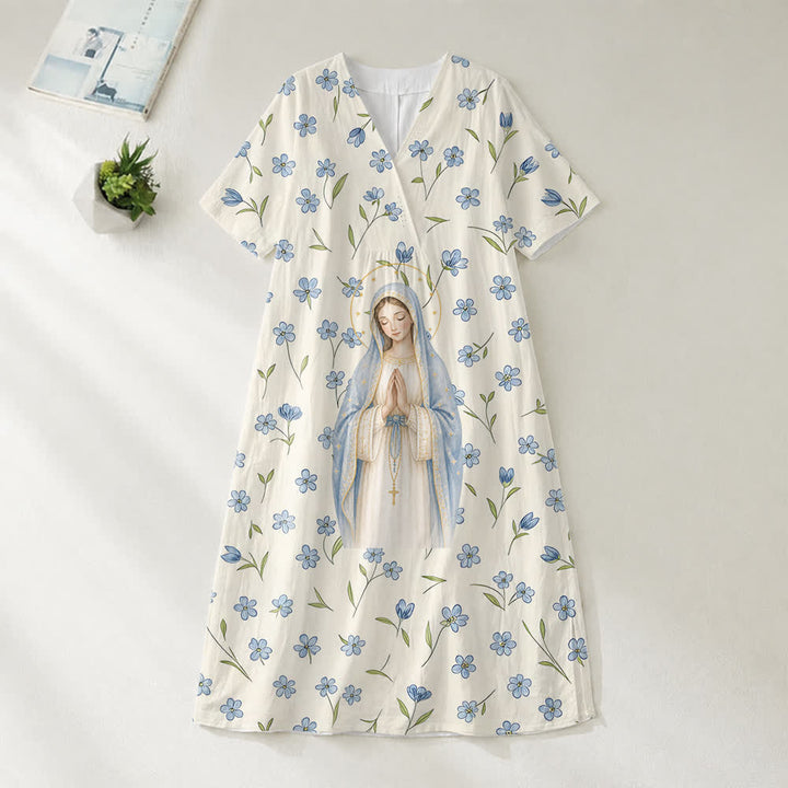 Robe midi à manches courtes et col en V à motif floral Notre-Dame, aquarelle douce , Christianartworkshop - image 1