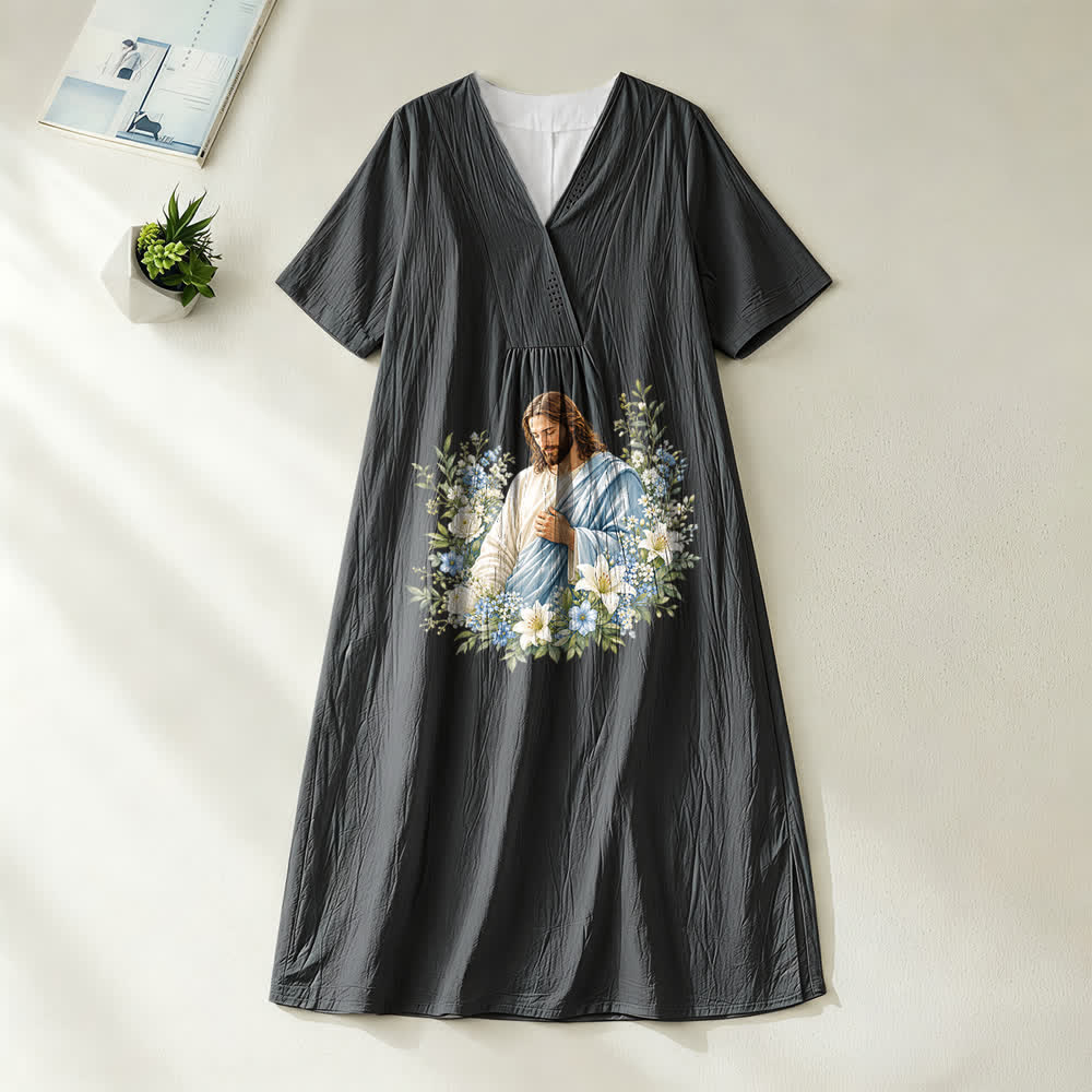 Robe midi à manches courtes et col en V, motif couronne florale Jésus, style aquarelle , Christianartworkshop - Noir - 4XL - image 8
