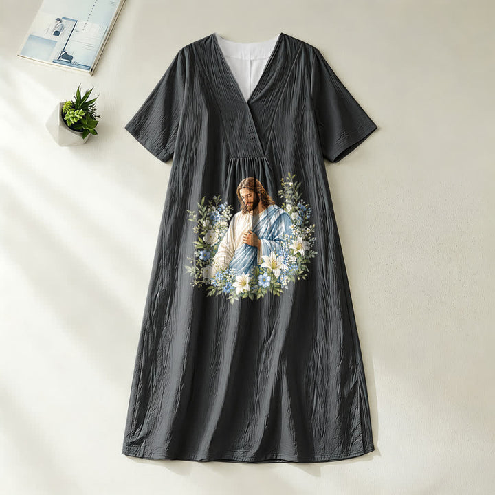 Robe midi à manches courtes et col en V, motif couronne florale Jésus, style aquarelle , Christianartworkshop - Noir - 4XL - image 8