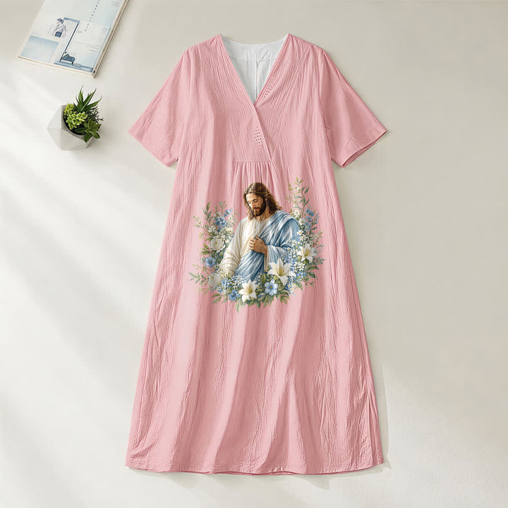 Robe midi à manches courtes et col en V, motif couronne florale Jésus, style aquarelle , Christianartworkshop - Rose - 4XL - image 6
