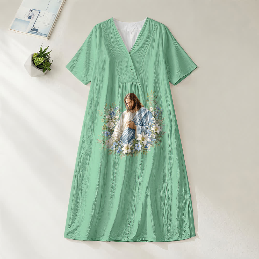 Robe midi à manches courtes et col en V, motif couronne florale Jésus, style aquarelle , Christianartworkshop - Vert - 4XL - image 4