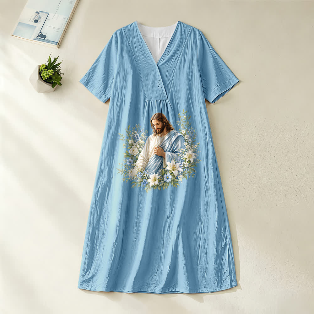 Robe midi à manches courtes et col en V, motif couronne florale Jésus, style aquarelle , Christianartworkshop - Bleu - 4XL - image 0