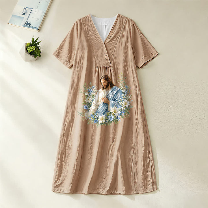 Robe midi à manches courtes et col en V, motif couronne florale Jésus, style aquarelle , Christianartworkshop - Kaki - 4XL - image 2