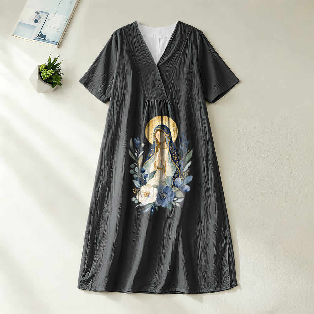 Robe midi à manches courtes et col en V, ornée de fleurs aquarelles, douce Notre-Dame, de Christianartworkshop - Noir - 4XL - image 8