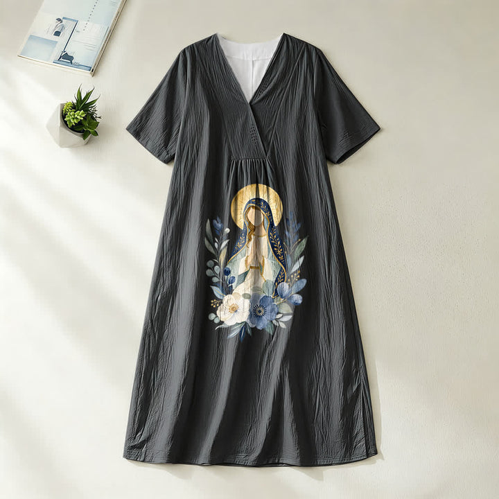 Robe midi à manches courtes et col en V, ornée de fleurs aquarelles, douce Notre-Dame, de Christianartworkshop - Noir - 4XL - image 8