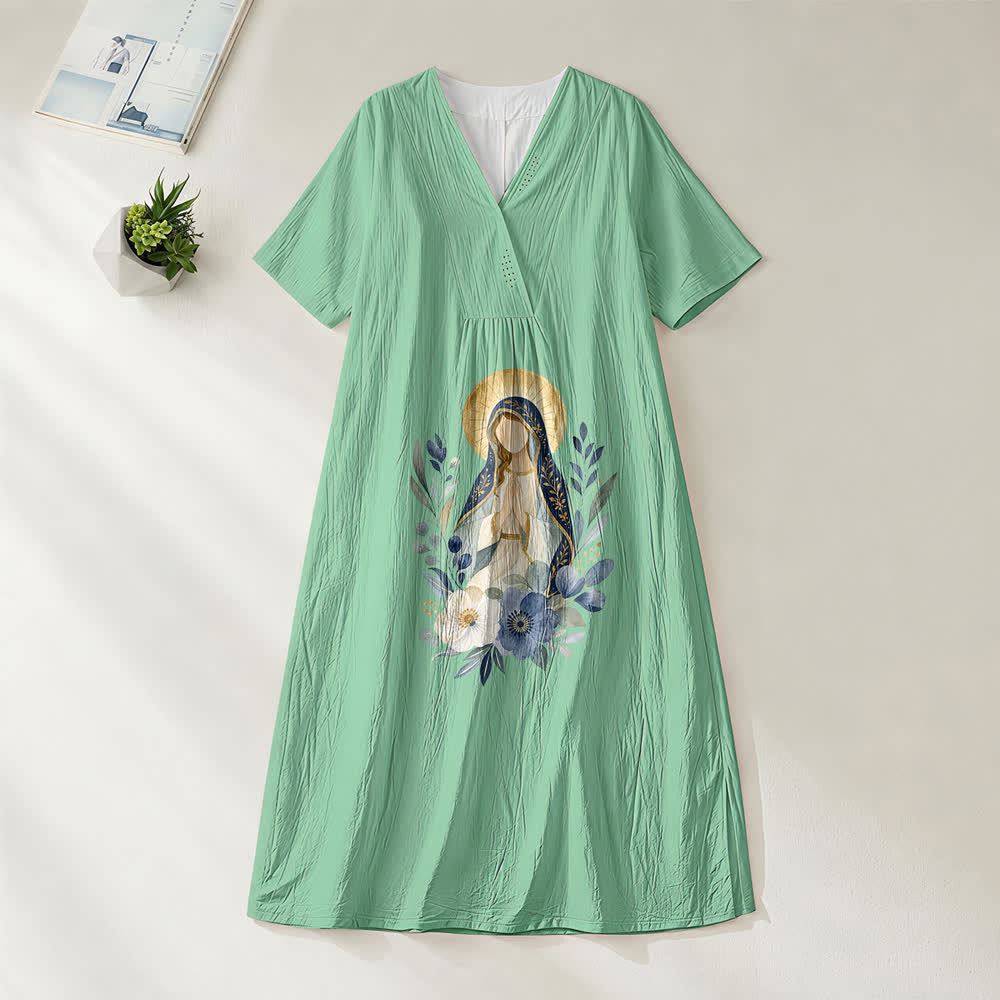 Robe midi à manches courtes et col en V, ornée de fleurs aquarelles, douce Notre-Dame, de Christianartworkshop - Vert - 4XL - image 6