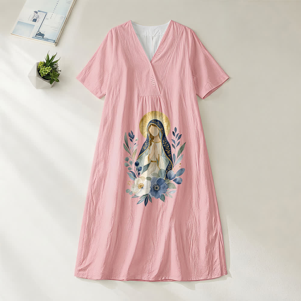 Robe midi à manches courtes et col en V, ornée de fleurs aquarelles, douce Notre-Dame, de Christianartworkshop - Rose - 4XL - image 0