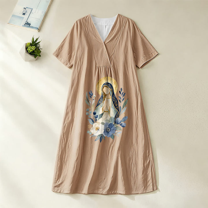 Robe midi à manches courtes et col en V, ornée de fleurs aquarelles, douce Notre-Dame, de Christianartworkshop - Kaki - 4XL - image 4
