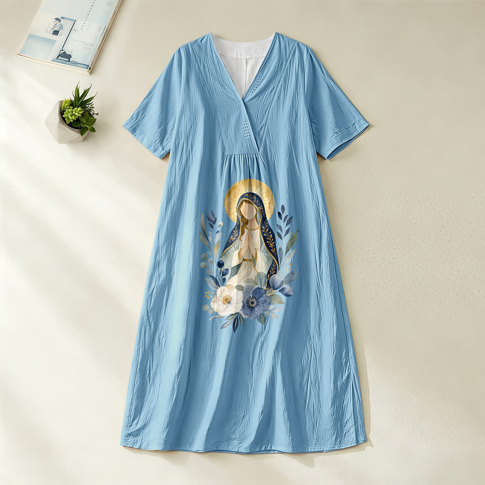 Robe midi à manches courtes et col en V, ornée de fleurs aquarelles, douce Notre-Dame, de Christianartworkshop - Bleu - 4XL - image 2