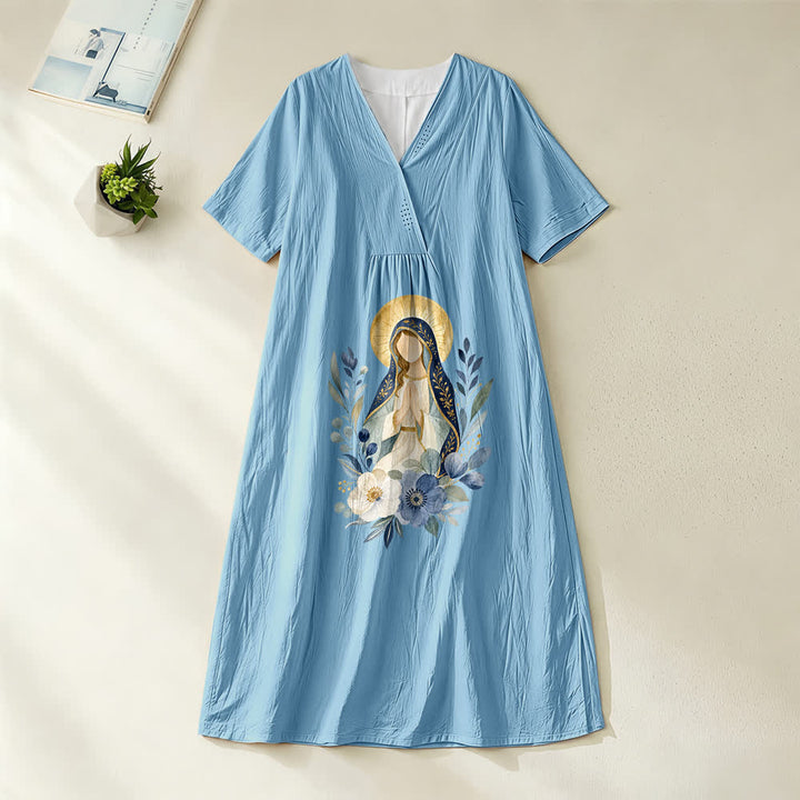 Robe midi à manches courtes et col en V, ornée de fleurs aquarelles, douce Notre-Dame, de Christianartworkshop - Bleu - 4XL - image 2