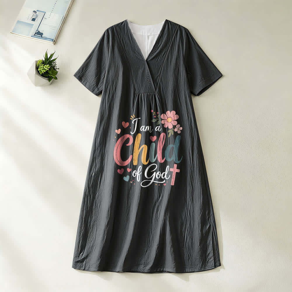 Christianartworkshop Robe midi à manches courtes et col en V à motif floral et cœur « Je suis enfant de Dieu » - Noir - 4XL - image 1