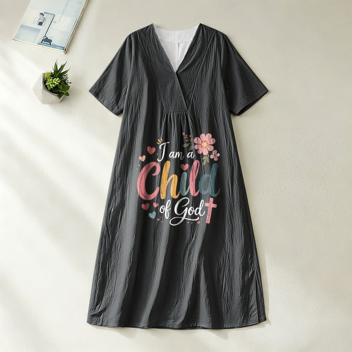 Christianartworkshop Robe midi à manches courtes et col en V à motif floral et cœur « Je suis enfant de Dieu » - Noir - 4XL - image 1