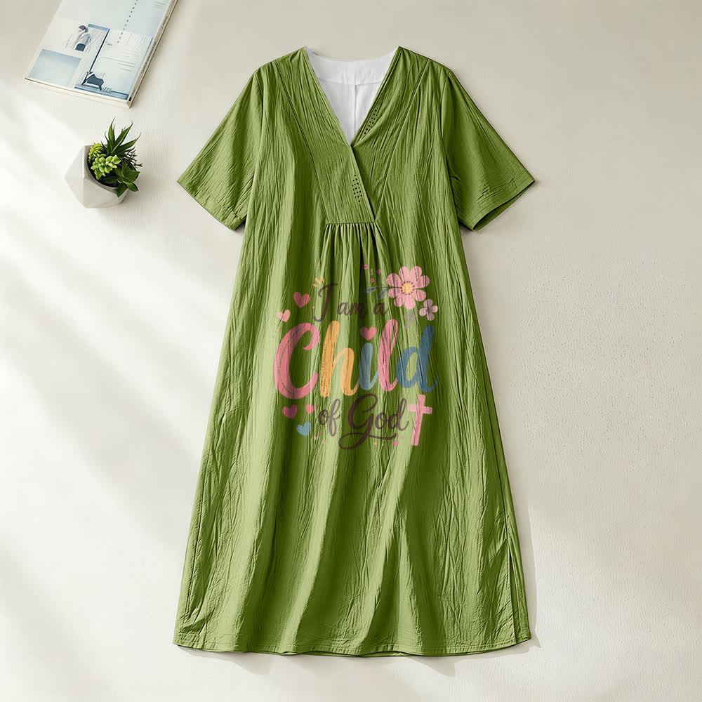 Christianartworkshop Robe midi à manches courtes et col en V à motif floral et cœur « Je suis enfant de Dieu » - Vert olive - 4XL - image 11
