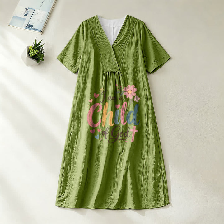 Christianartworkshop Robe midi à manches courtes et col en V à motif floral et cœur « Je suis enfant de Dieu » - Vert olive - 4XL - image 11