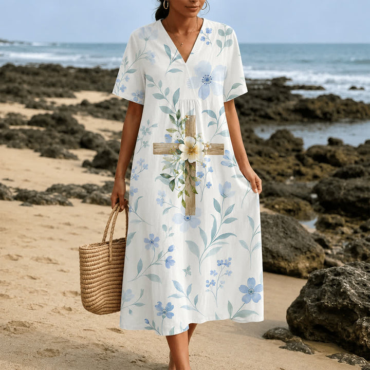 Robe midi à manches courtes et col en V, motif floral et croix en bois aquarelle , Christianartworkshop - 4XL - image 0