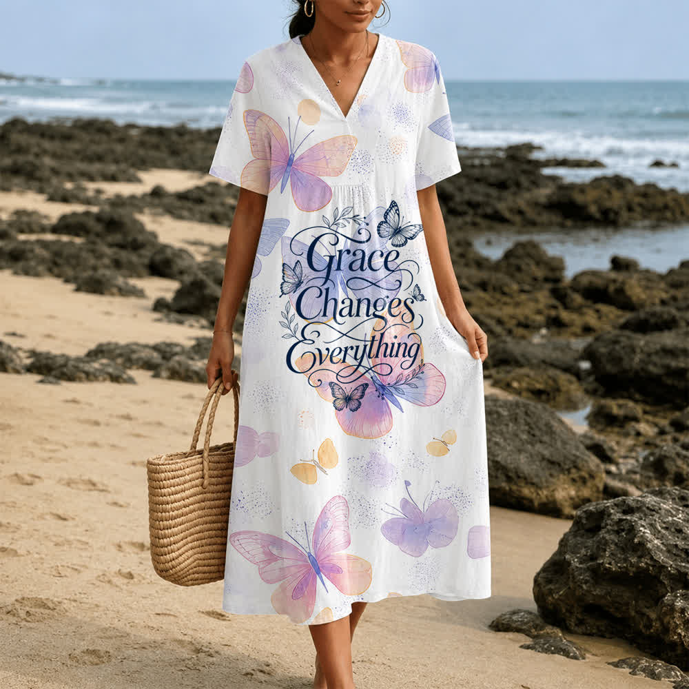 Robe midi à manches courtes et col en V à motif papillon pastel, Christianartworkshop Grace Changes Everything - 4XL - image 0