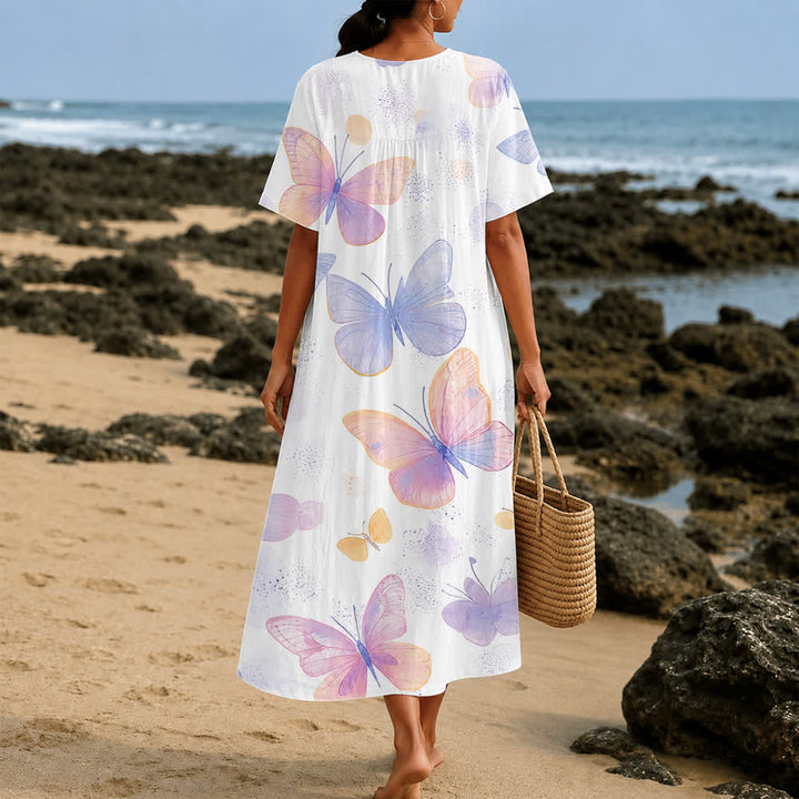 Robe midi à manches courtes et col en V à motif papillon pastel, Christianartworkshop Grace Changes Everything - image 2