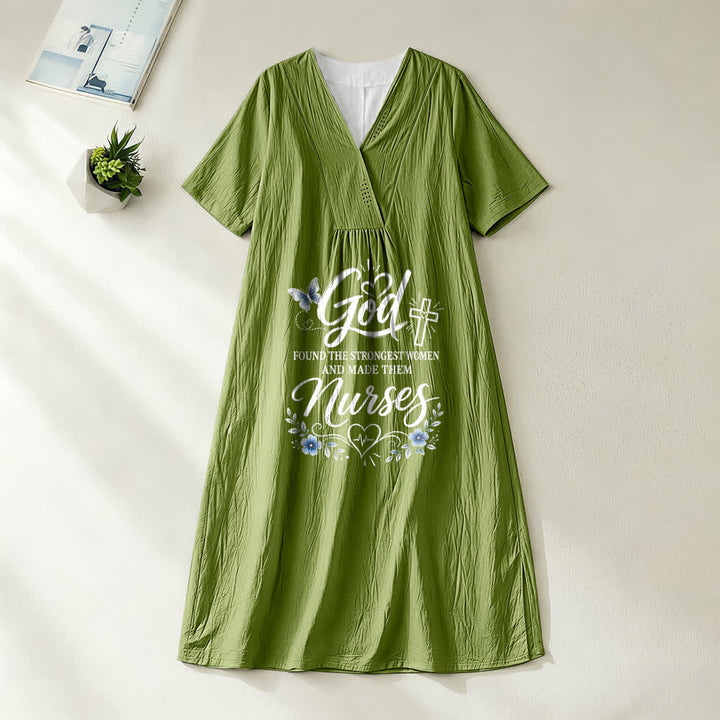 Christianartworkshop Robe midi inspirante à manches courtes et col en V « Dieu a trouvé les femmes les plus fortes et en a fait des infirmières » - Vert olive - 4XL - image 10