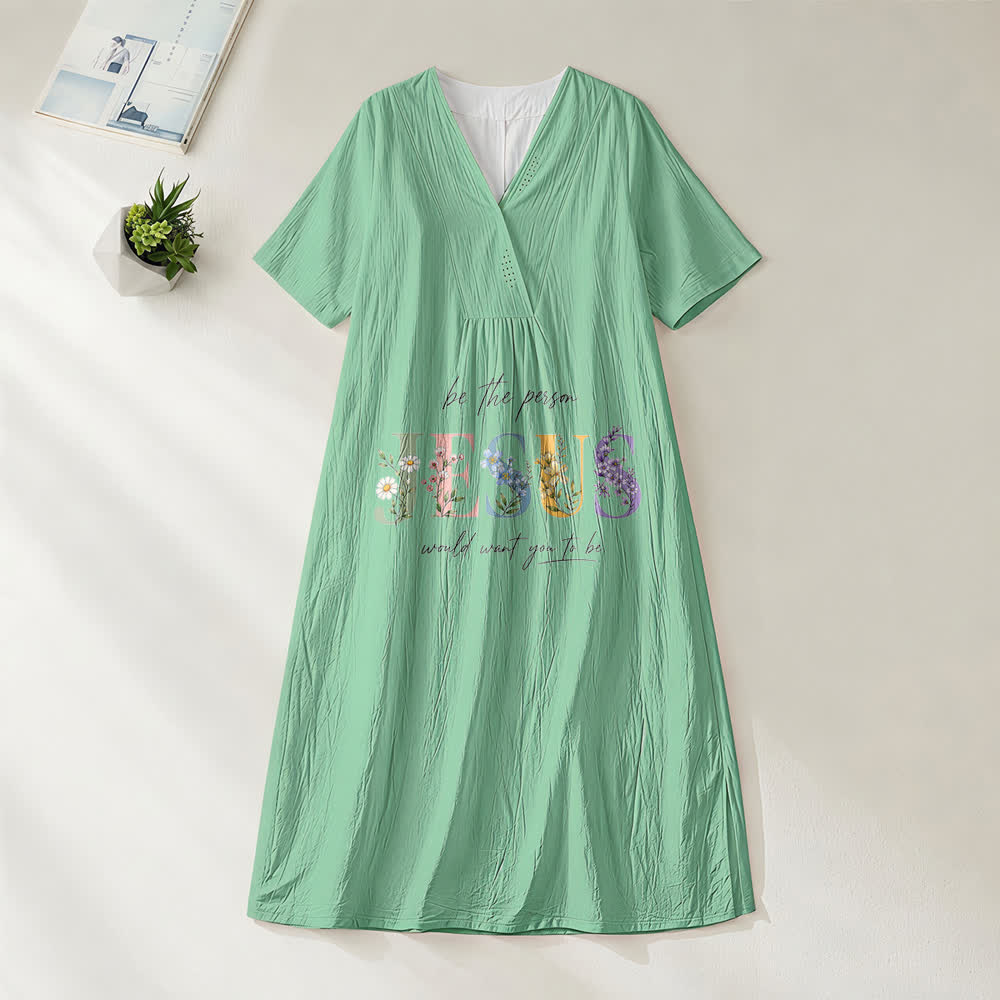 Christianartworkshop Sois la personne que Jésus voudrait que tu sois Robe midi à manches courtes et col en V à motif floral Jésus - Vert - 4XL - image 4