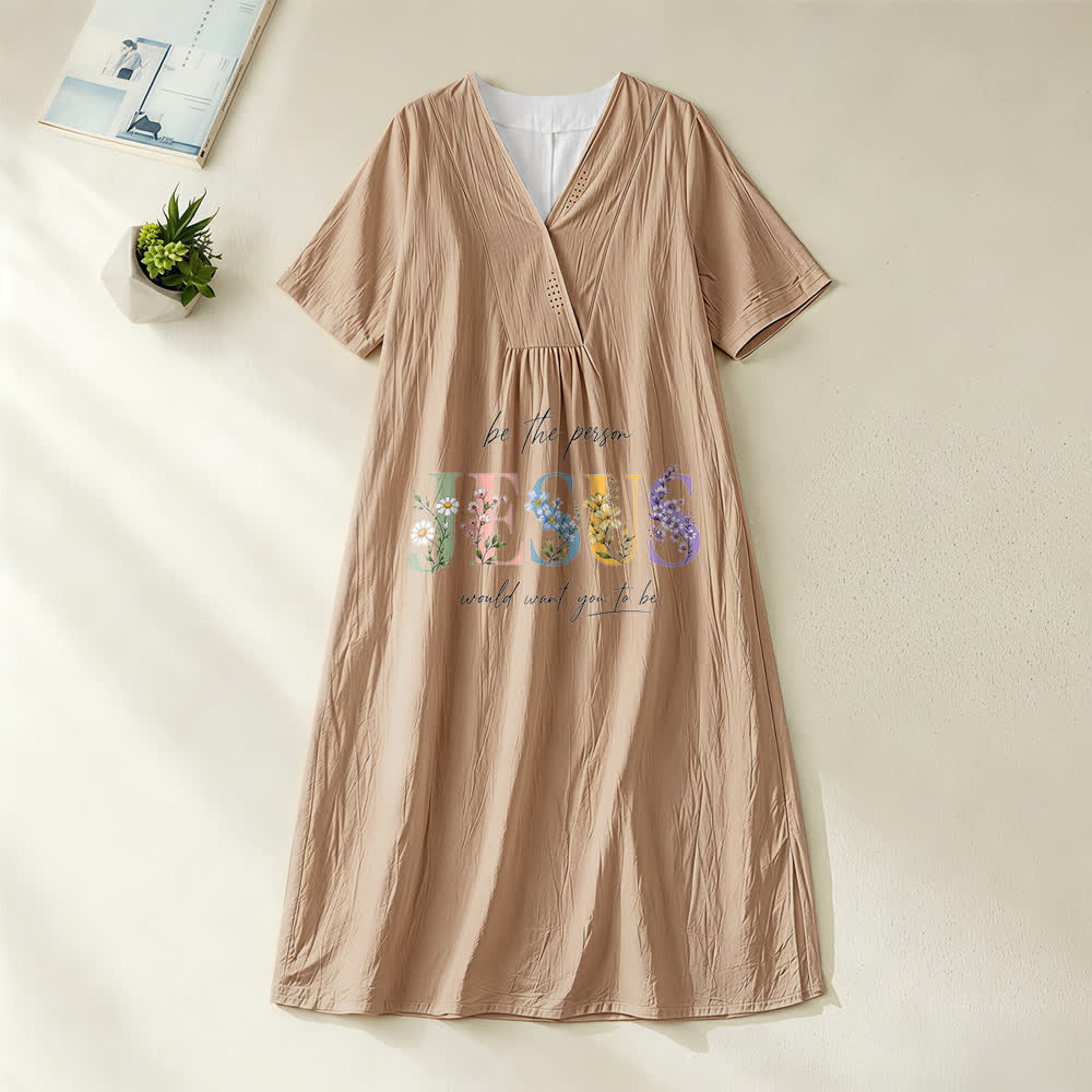 Christianartworkshop Sois la personne que Jésus voudrait que tu sois Robe midi à manches courtes et col en V à motif floral Jésus - Kaki - 4XL - image 2