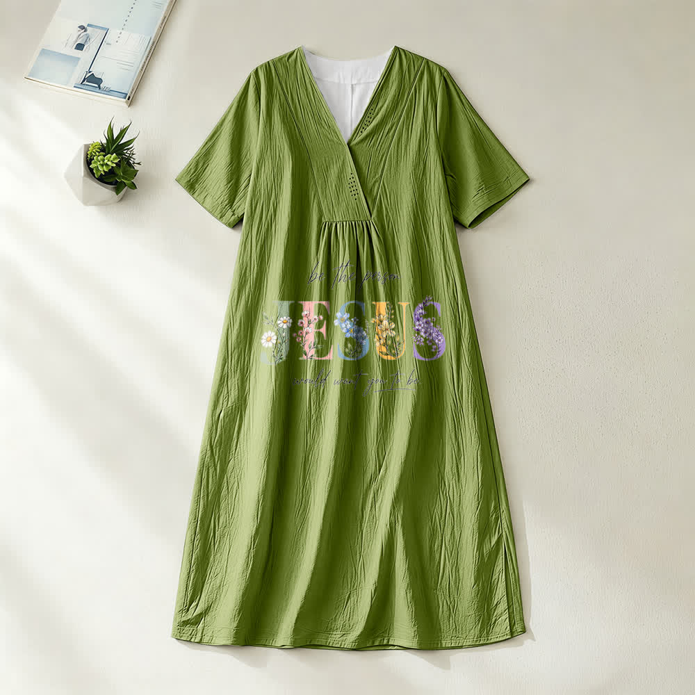 Christianartworkshop Sois la personne que Jésus voudrait que tu sois Robe midi à manches courtes et col en V à motif floral Jésus - Vert olive - 4XL - image 10