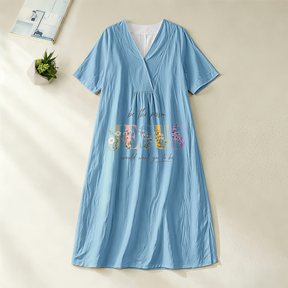 Christianartworkshop Sois la personne que Jésus voudrait que tu sois Robe midi à manches courtes et col en V à motif floral Jésus - Bleu - 4XL - image 0