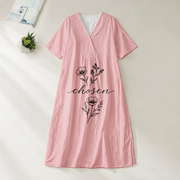 Robe midi à manches courtes et col en V ornée d'un motif floral inspirant, inspirée par Christianartworkshop - Rose - 4XL - image 6