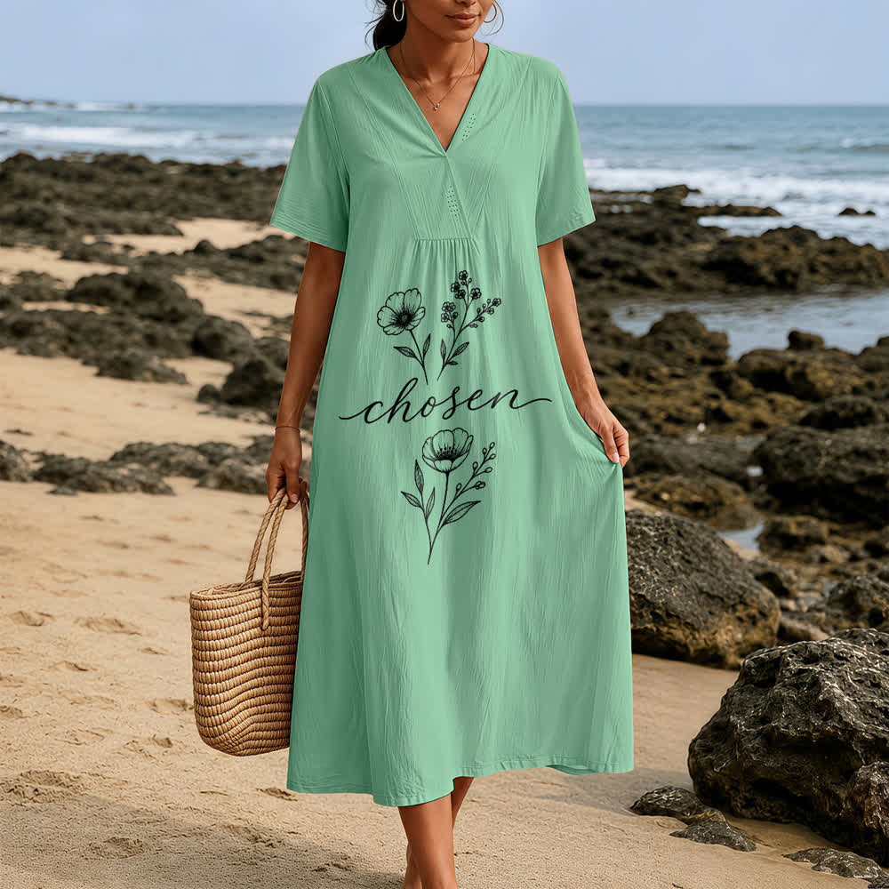 Robe midi à manches courtes et col en V ornée d'un motif floral inspirant, inspirée par Christianartworkshop - image 5
