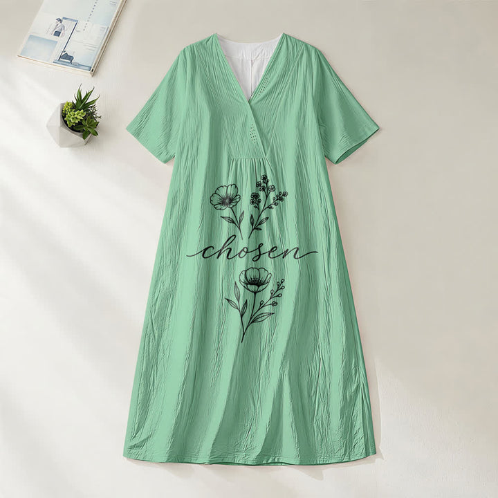 Robe midi à manches courtes et col en V ornée d'un motif floral inspirant, inspirée par Christianartworkshop - Vert - 4XL - image 4