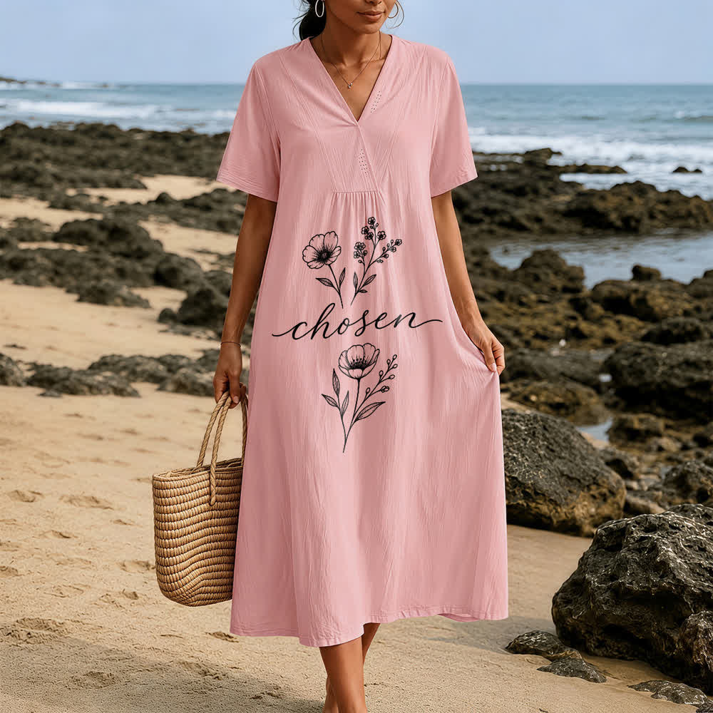 Robe midi à manches courtes et col en V ornée d'un motif floral inspirant, inspirée par Christianartworkshop - image 7