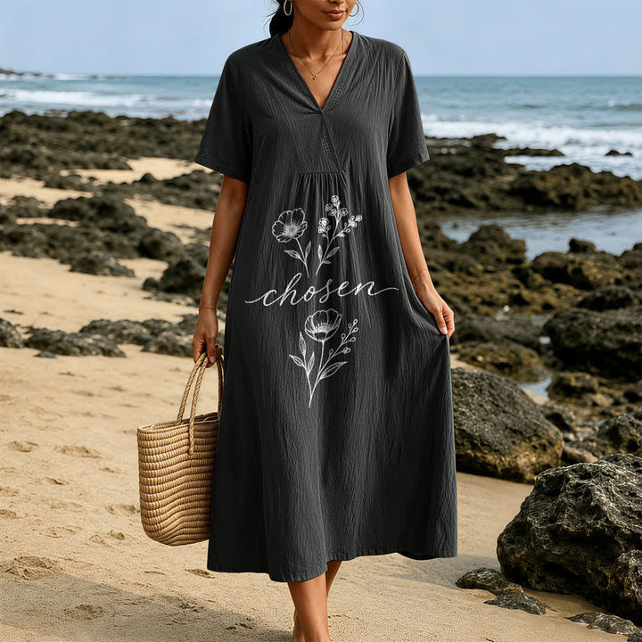 Robe midi à manches courtes et col en V ornée d'un motif floral inspirant, inspirée par Christianartworkshop - image 9