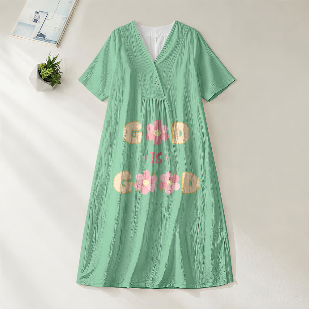Robe midi à manches courtes et col en V ornée d'un motif floral « Dieu est bon », inspirée de l'atelier d'art Christianartworkshop - Vert - 4XL - image 6