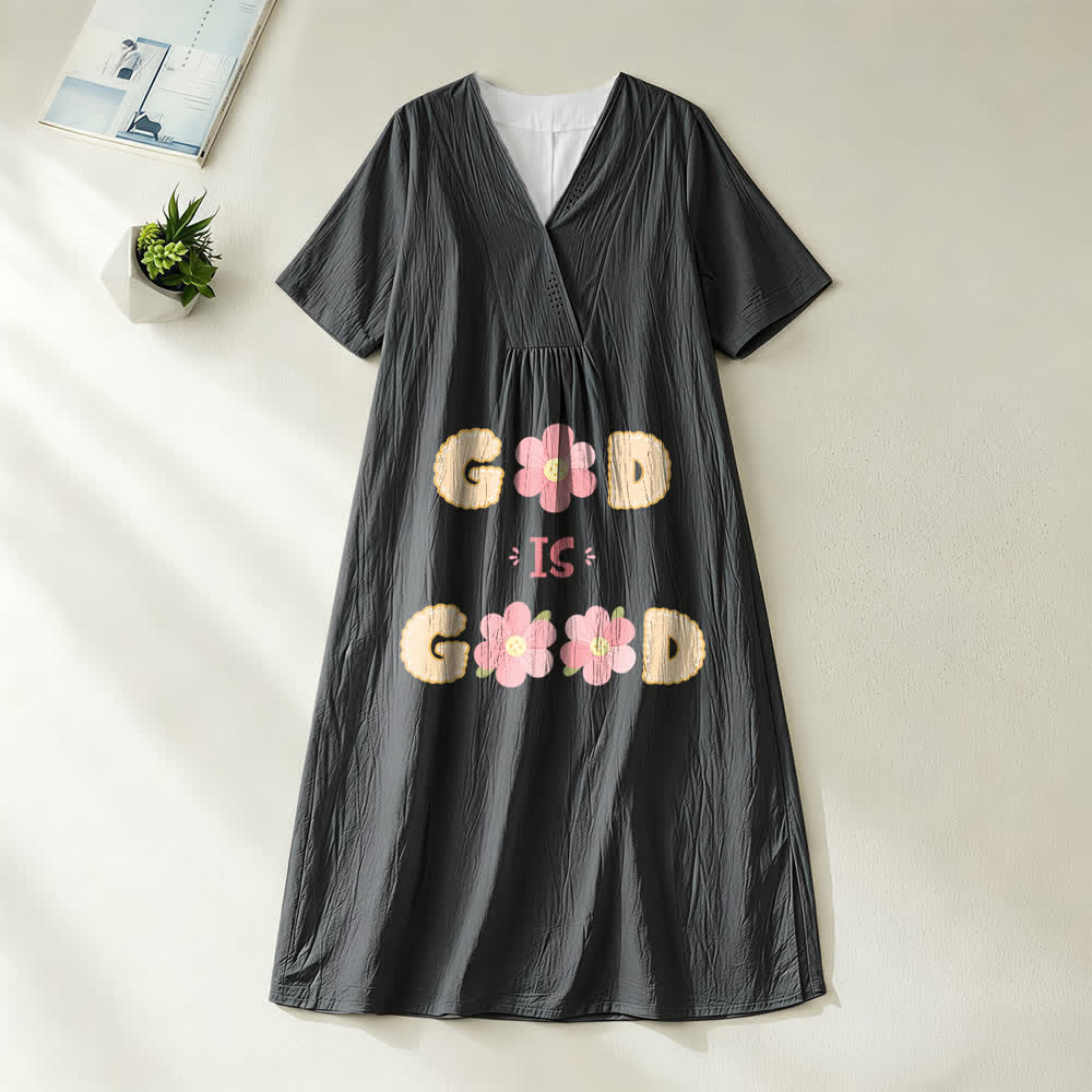 Robe midi à manches courtes et col en V ornée d'un motif floral « Dieu est bon », inspirée de l'atelier d'art Christianartworkshop - Noir - 4XL - image 8
