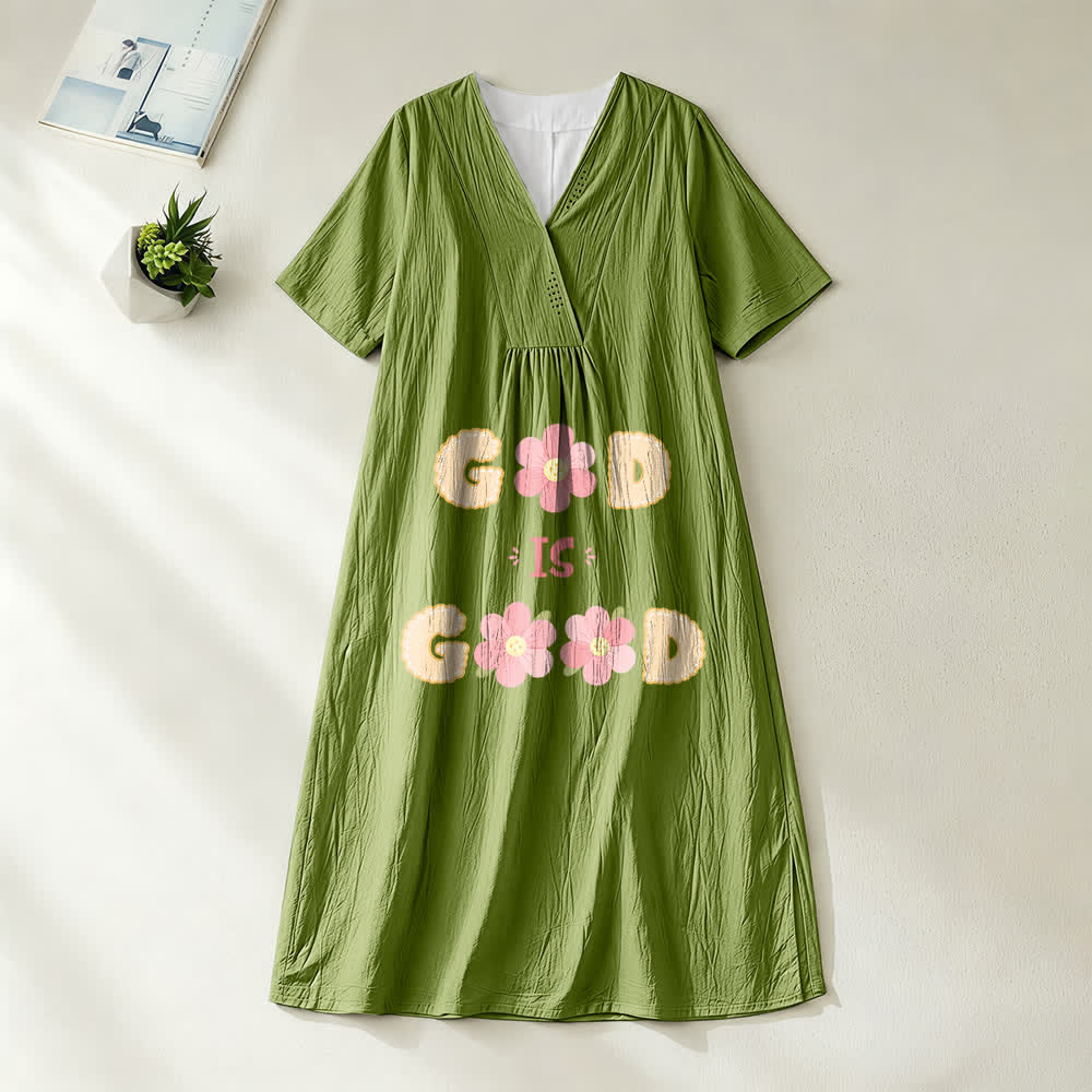 Robe midi à manches courtes et col en V ornée d'un motif floral « Dieu est bon », inspirée de l'atelier d'art Christianartworkshop - Vert olive - 4XL - image 10