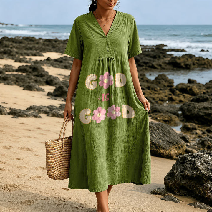 Robe midi à manches courtes et col en V ornée d'un motif floral « Dieu est bon », inspirée de l'atelier d'art Christianartworkshop - image 11