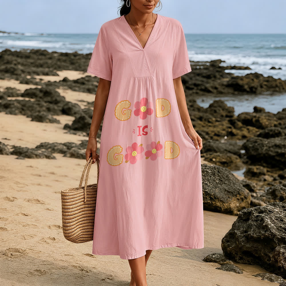 Robe midi à manches courtes et col en V ornée d'un motif floral « Dieu est bon », inspirée de l'atelier d'art Christianartworkshop - Rose - 4XL - image 0