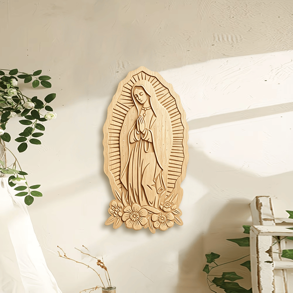 Christianartworkshop Plaque murale en bois « Auréole rayonnante » de Notre-Dame de Guadalupe : emblème de douce protection - image 0