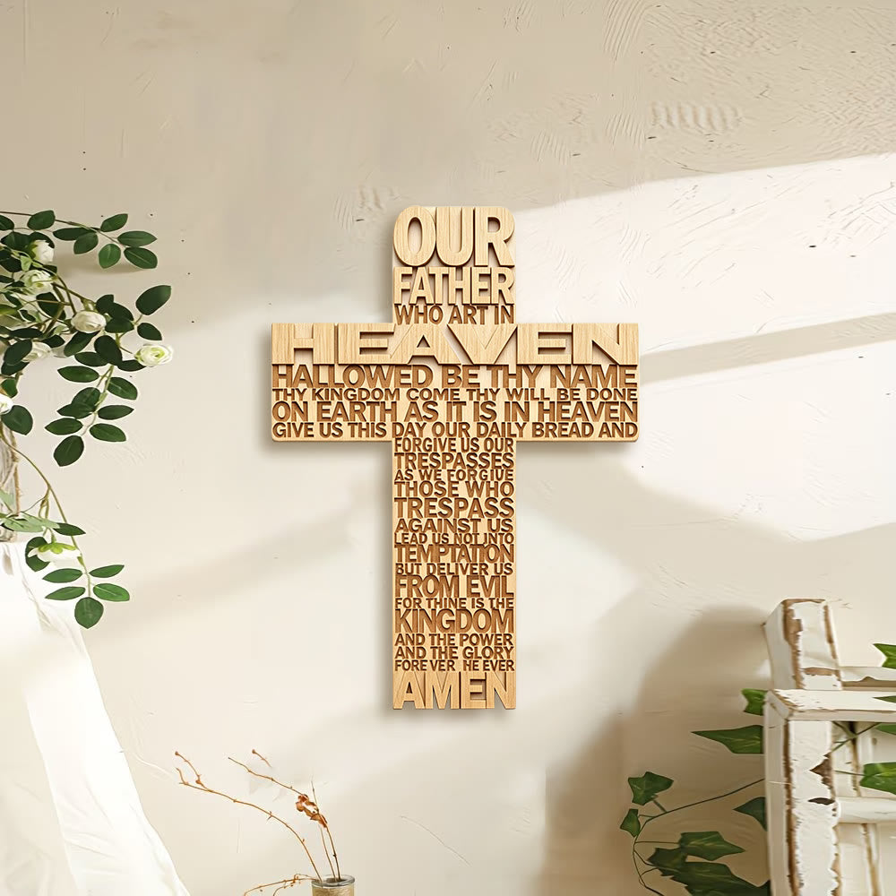Christianartworkshop Plaque murale en bois avec croix et inscription du Notre Père : symbole d’une foi inébranlable - image 0