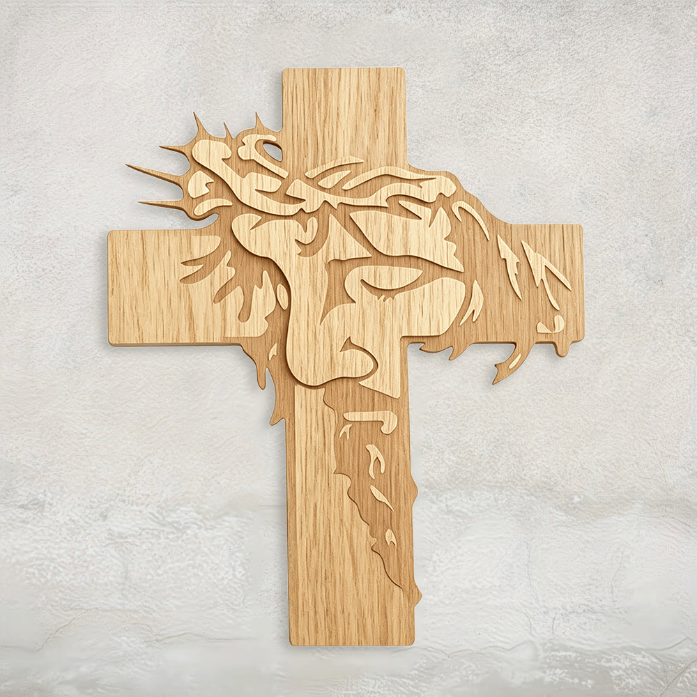 Christianartworkshop Plaque murale en bois représentant Jésus aux yeux fermés, visage sacré, couronne d'épines et croix : emblème de la miséricorde - image 0