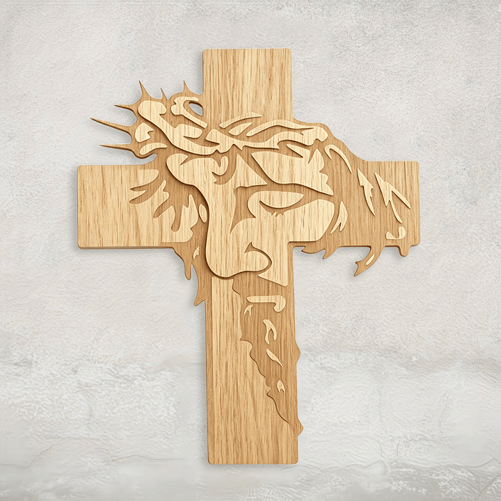Christianartworkshop Plaque murale en bois représentant Jésus aux yeux fermés, visage sacré, couronne d'épines et croix : emblème de la miséricorde - image 0
