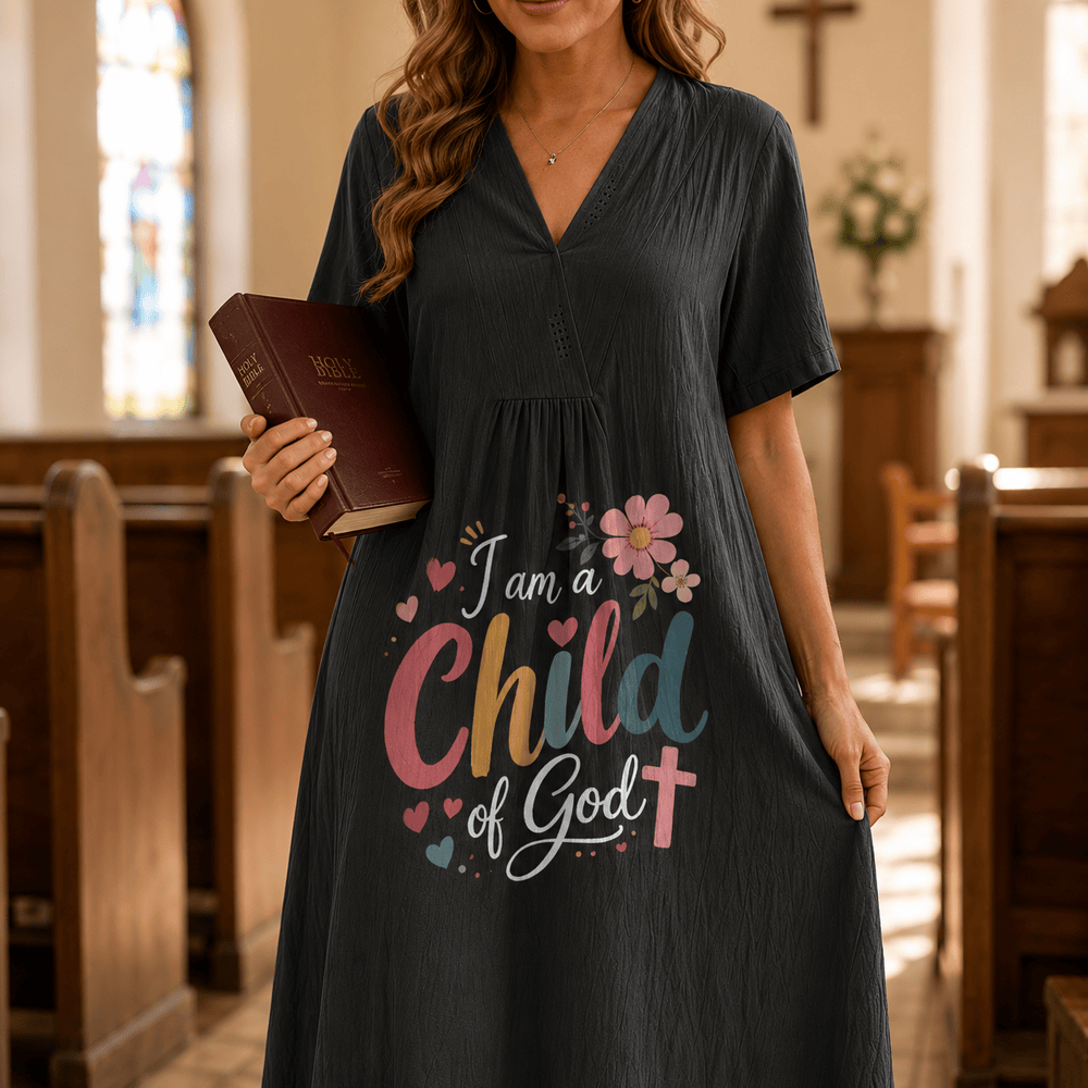 Christianartworkshop Robe midi à manches courtes et col en V à motif floral et cœur « Je suis enfant de Dieu » - image 0