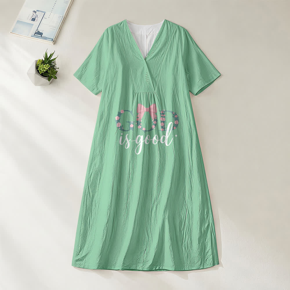 Robe midi à manches courtes et col en V, motif aquarelle « Dieu est bon en tout temps » , Christianartworkshop - Vert - 4XL - image 2